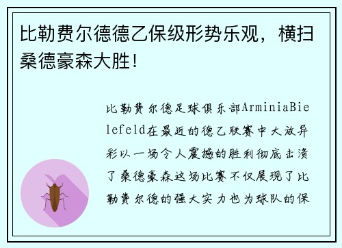 比勒费尔德德乙保级形势乐观，横扫桑德豪森大胜！