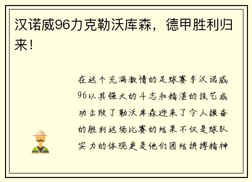 汉诺威96力克勒沃库森，德甲胜利归来！
